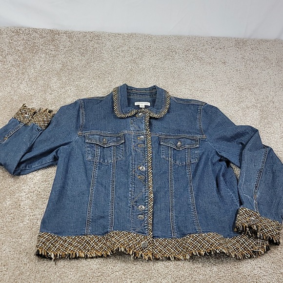 Coldwater Creek Jackets & Blazers - Coldwater Creek Womens W20 Denim Jacket Tweed Trim Fringe Blue Jean Button Up
